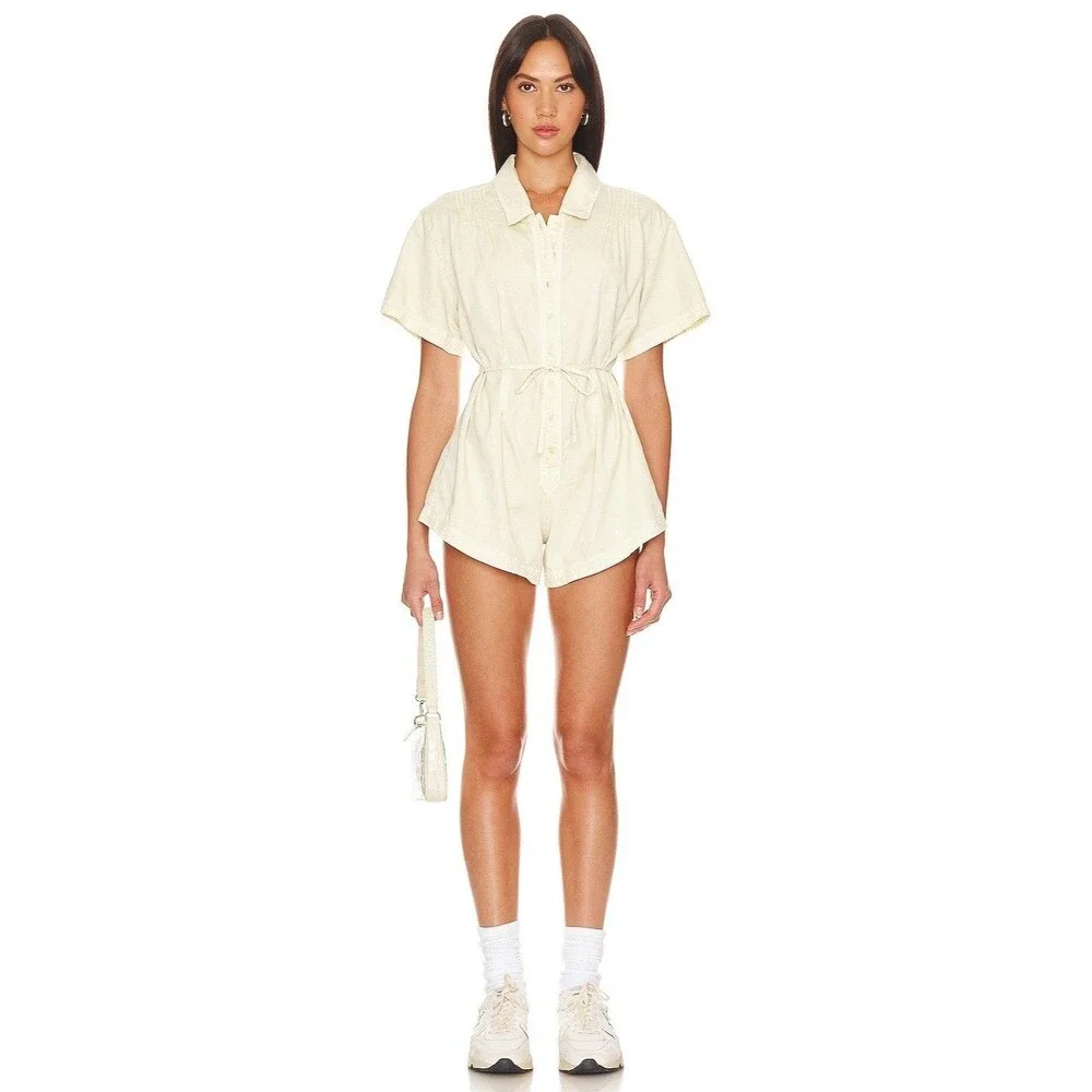 Free People Keep It Crisp Shortall Romper Dress Short Sleeves Cotton XS 285562